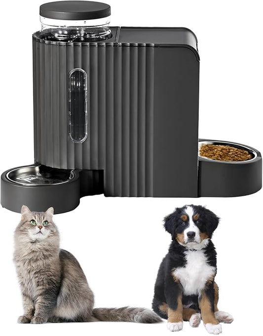 Automatic Cat Food Feeder and Water Dispenser,2 in 1 Gravity Cat Feeder and Water Dispenser with Stainless Steel Bowl,2 Pack Large Capacity Self Feeding for Small Medium Pets Puppy Kitten-PawvioPets