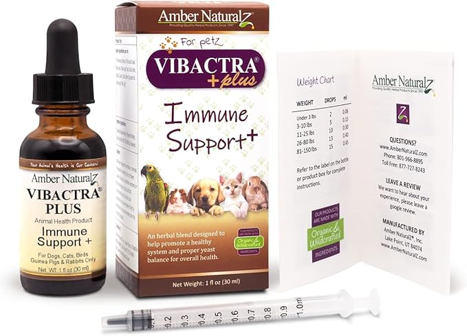 Amber NaturalZ Vibactra Plus Herbal Supplement for Dogs, Cats, Birds, Guinea Pigs, and Rabbits | Herbs for Immune Health and Yeast Balance | 1 Fluid Ounce Glass Bottle-PawvioPets