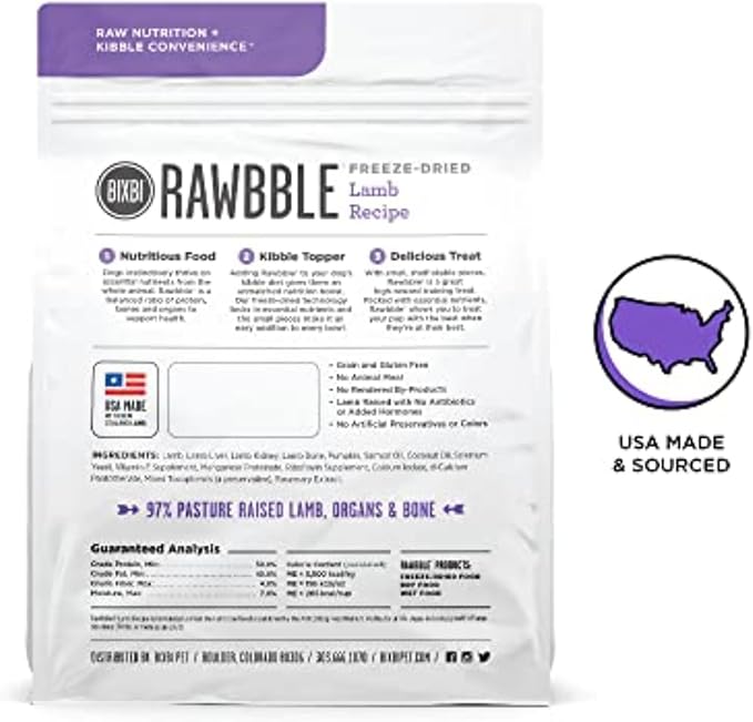 BIXBI Rawbble Freeze Dried Dog Food, Lamb Recipe, 4.5 oz - 97% Meat and Organs, No Fillers - Pantry-Friendly Raw Dog Food for Meal, Treat or Food Topper - USA Made in Small Batches-PawvioPets