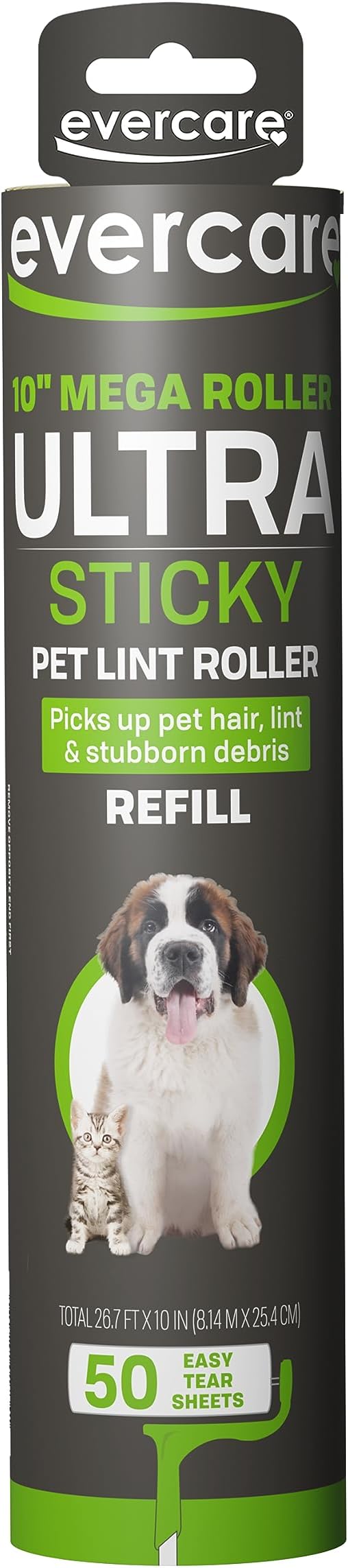 Evercare 10” Mega All-Purpose Pet Hair Lint Roller Refill, 50 Sheets – Sticky Roller for Pet Hair, Cat & Dog Hair Remover, Lint Remover, Pet Hair Remover for Furniture, Clothing & Cars-PawvioPets