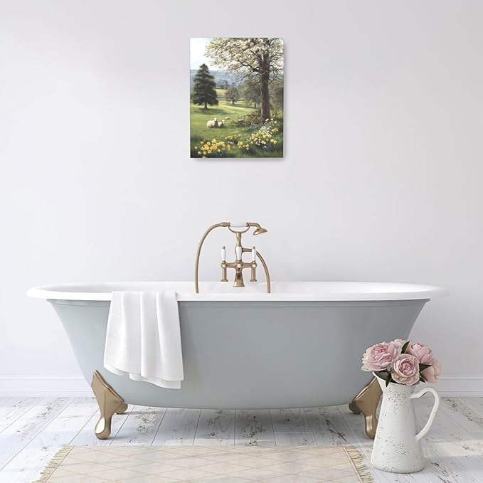 Country Sheep Canvas Wall Decor Farmhouse Rustic Lamb Wildflower Wall Art Nature Countryside Landscape Pictures Painting Print Framed Artwork Decorations for Bathroom Living Room Bedroom 16"x20"-PawvioPets