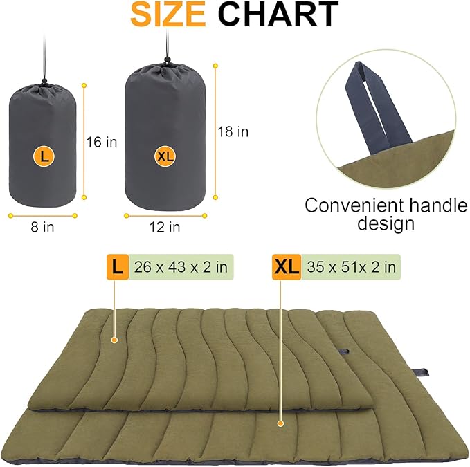 BEAUTYZOO Outdoor Dog Bed Waterproof, Camping Dog Bed Reversible, Portable Travel Bed with Carry Bag- Machine Washable, Durable, Foldable Outdoor Pet Bed Mat for Medium Large Dogs, 35” x 51“ Green-PawvioPets