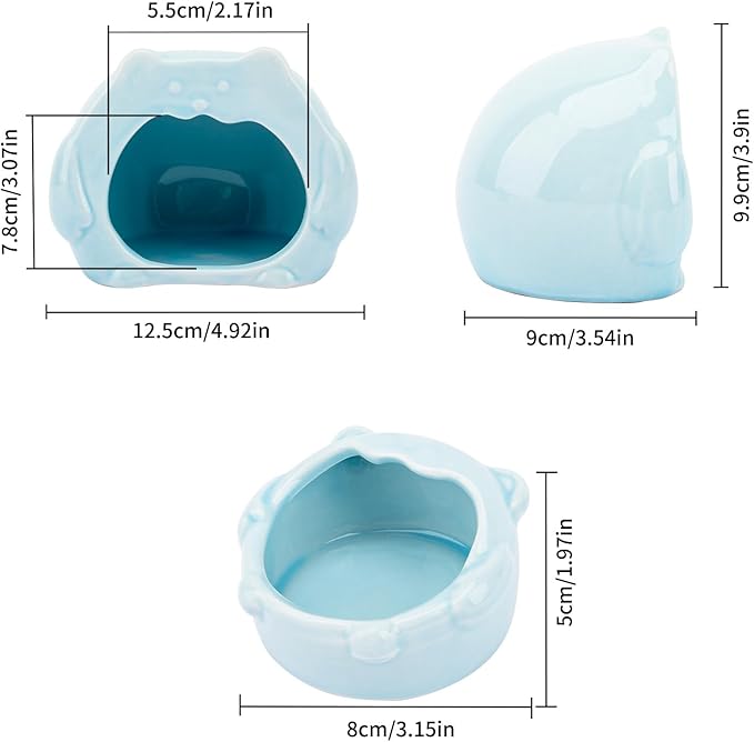 Bear-Shaped Hamster Hideout & Food Bowl Set - Ceramic Habitat for Syrian Dwarf Hamsters, Mice, Gerbils - All-Season Use, Chew-Proof Ceramic House and Feeding Dish for Small Pets(Blue)-PawvioPets