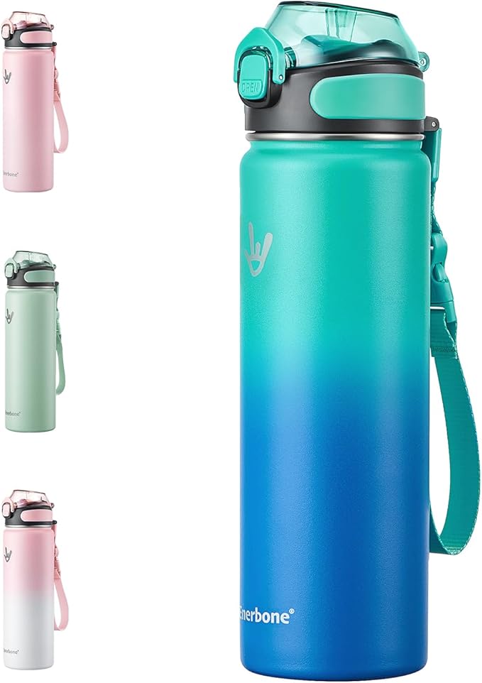 Enerbone 24 oz Insulated Water Bottle, Stainless Steel Bottle with Carrying Strap, Double-Wall Vacuum Insulation Design, Leakproof Sports Bottle with Straw, Keep Drinks Cold or Hot for Hours-PawvioPets