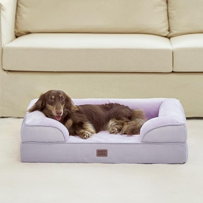 EHEYCIGA Orthopedic Dog Beds for Large Dogs, Waterproof Memory Foam Large Pet Bed with Sides, Non-Slip Bottom and Egg-Crate Foam Dog Couch Bed with Washable Removable Cover, Lilac-PawvioPets