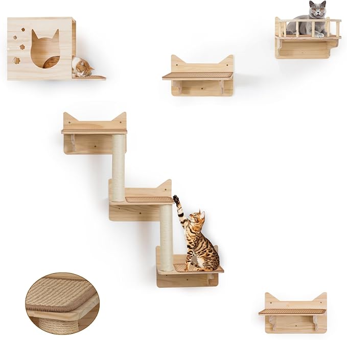 9-Piece Cat Wall Shelves and Perches for Wall, House, Lookout Tower, 2 Sisal Scratching Posts, 5-Step Wall Ladder, 7 Sisal Mat, Ideal Shelves for Wall - Sturdy Cat Wall Shelves for Large Cats-PawvioPets