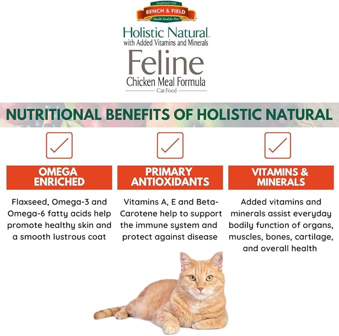 Bench & Field Holistic Natural Premium Adult Dry Cat Food, Chicken Meal and Brown Rice Recipe 25 lb Bag (Pack of 1)-PawvioPets
