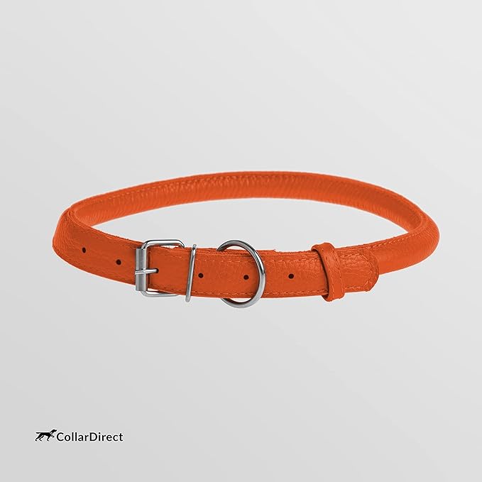 CollarDirect Rolled Leather Dog Collar, Soft Padded Round Puppy Collar, Handmade Genuine Leather Collar Dog Small Large Cat Collars 13 Colors (6-7 Inch, Orange Textured)-PawvioPets
