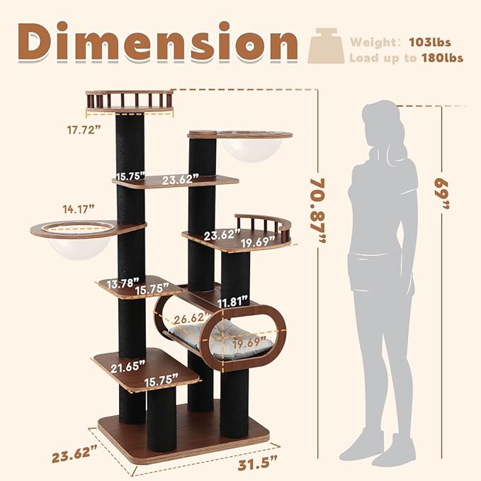 70.9'' Black Cat Tree for Indoor Cats Large Adult, Heavy Duty Cat Tower with Scratching Post, Modern Kitty Tree with Removable Mats, Semi-closed Condo and Transparent Bowl, Wooden Luxury Cat Furniture-PawvioPets