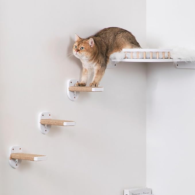 3pcs Wall Mounted Cat Steps, Climbing Furniture, Shelves With Hemp Rope Covered, Solid Wood Ladder for Playing and Climbing (Standard-White)-PawvioPets