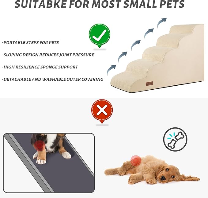 5-Step Dog Stairs and Ramp for High Bed,Non-Slip Sturdy Pet Steps for Small Dogs and Cats,22.2" H,Beige-PawvioPets