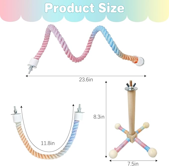 BNOSDM Bird Rope Perch with Stand Perch Toy Set Bendable Rope Perches Wooden Spinning Exercise Wheel Toy Parrot Cage Accessories for Parakeets, Conures, Lovebirds, Budgies, Cockatiels (Rainbow Color)-PawvioPets