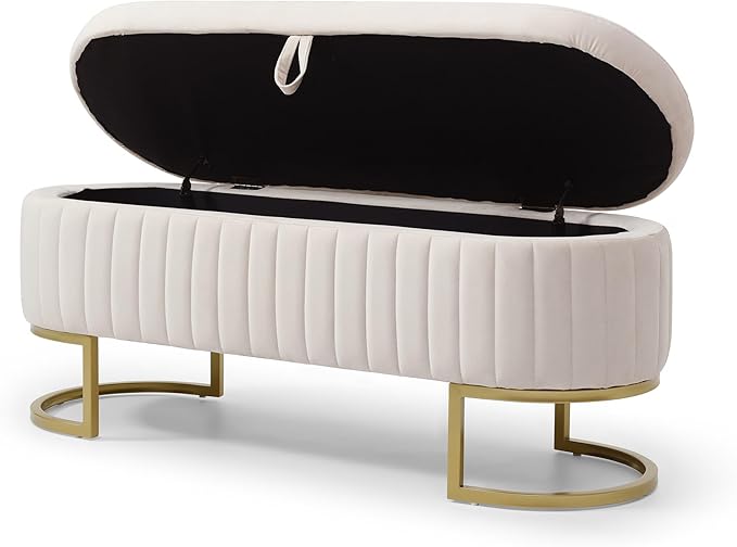 50" Sherpa Storage Ottoman Bench – Velvet Upholstered Bedroom Bench with Golden Metal Legs, Lift-Top Hidden Storage, Modern Footrest for Living Room, Entryway, Bed End (Beige)-PawvioPets