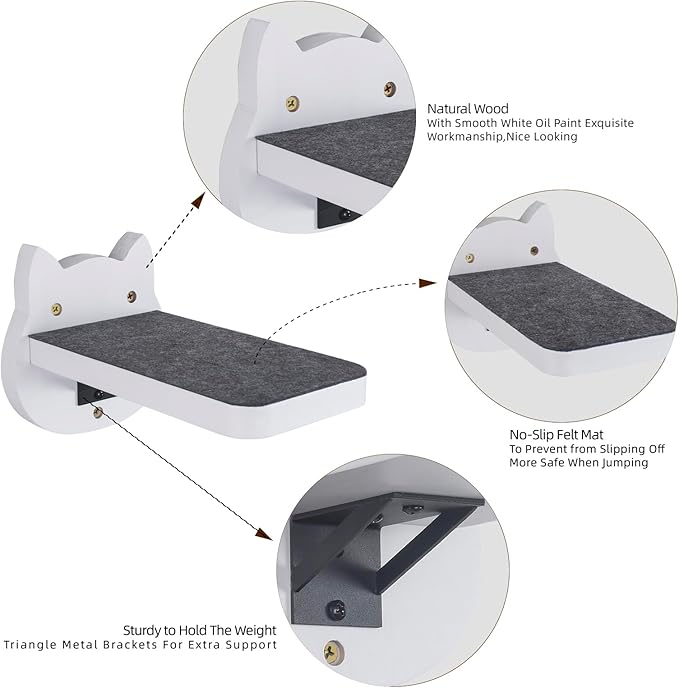ESPETS White Painted Wooden Cat Wall Floating Steps Set of 3 - Wall Mounted Cat Floating Furniture Shelves and Perches, Sturdy Climber Stairs Ladders - Holds up 30lbs-PawvioPets