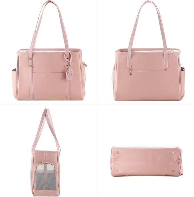 Fashion Dog Carrier Purse, Premium Leather Cat Carrier Bag, Airline Approved Soft Sided Pet Travel Tote Bag with Pockets Pink-PawvioPets