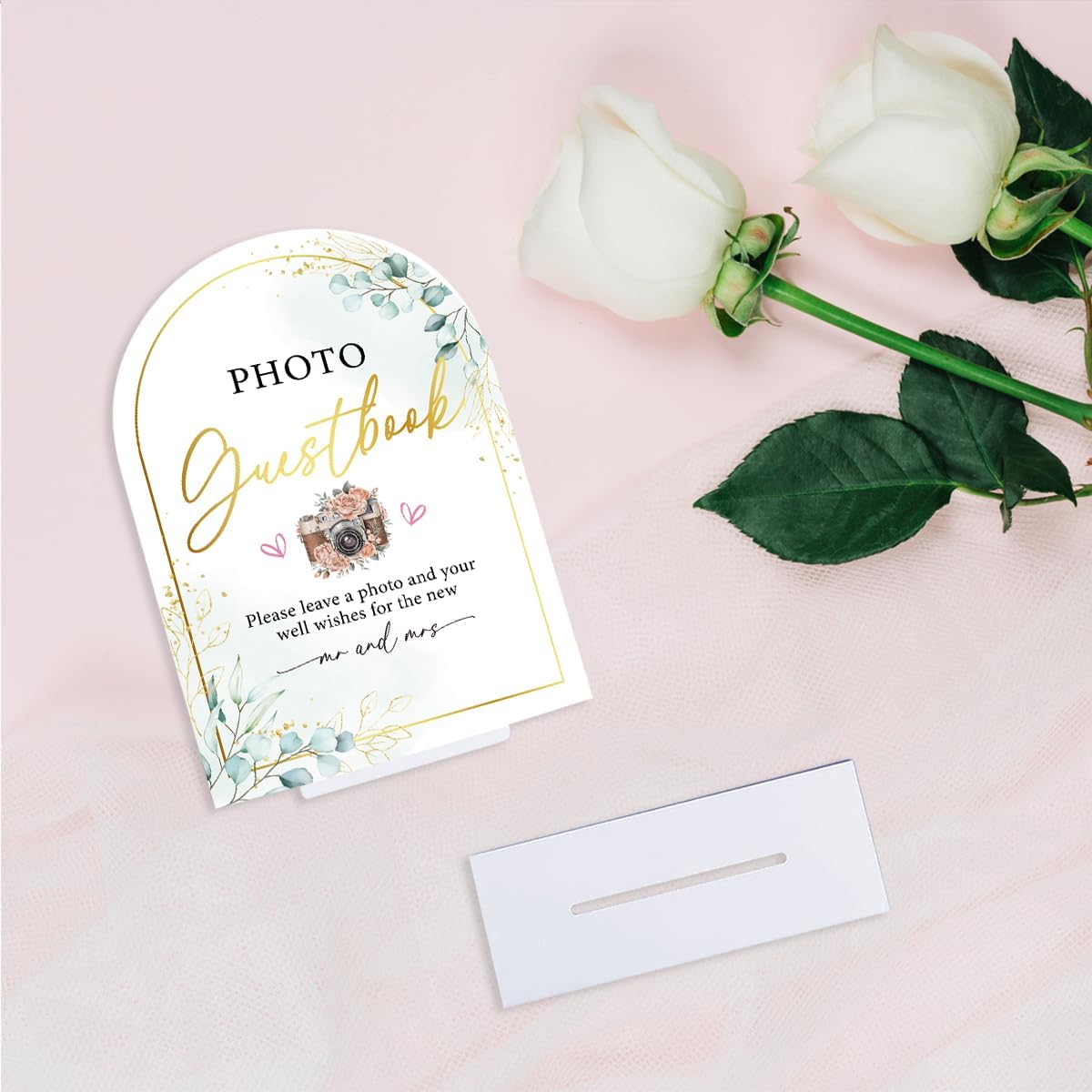 Acrylic Wedding Sign for Ceremony & Reception - 5x7 Inch White Guest Book, Photo Guest Book, Cards & Gifts - Wedding Decor Bundle