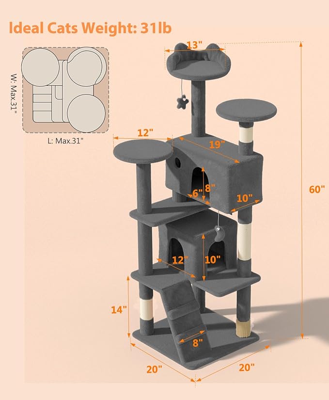 60" Cat Tree Tower for Indoor Cats Large Adult,Cute/Tall Modern Cat Tree for Big Cats 20 lbs, Plush Multi-Level Cat Condo with Scratching Posts,Dangling Ball (Smoky Gray, 60 inch)-PawvioPets