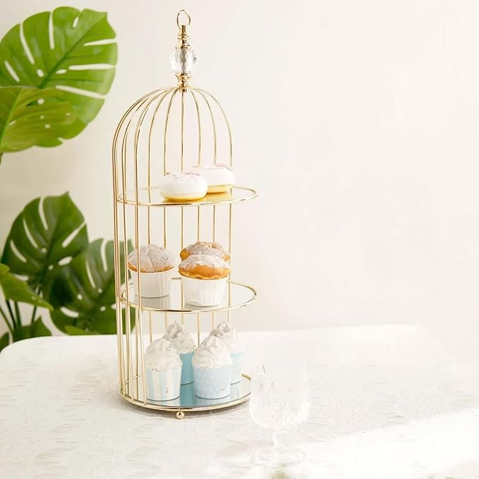 Efavormart 22" - 3 Tier Crystal Mirror Top Gold Metal Bird Cage Cupcake Cake Stand, Dessert Display for Wedding, Party, Birthday, Baby Shower Celebrations, Home Decorations-PawvioPets