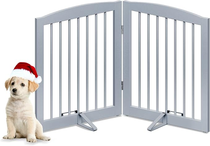 Freestanding Pet Gate for Dogs, Foldable Wooden Dog Gate for House, Indoor Pet Barrier for Stairs, Doorways, Support Feet Included, 24" Height 2 Panels, Grey-PawvioPets