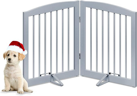 Freestanding Pet Gate for Dogs, Foldable Wooden Dog Gate for House, Indoor Pet Barrier for Stairs, Doorways, Support Feet Included, 24" Height 2 Panels, Grey-PawvioPets