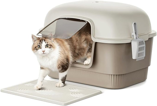 Cat Litter Box with Litter Mat and Scoop,High Wall Enclosed Cat Litter Boxes for Anti-Leakage, Covered Kitty Litter Box with Handle and Buckles for Portability and Privacy, Odor Control (Brown)-PawvioPets
