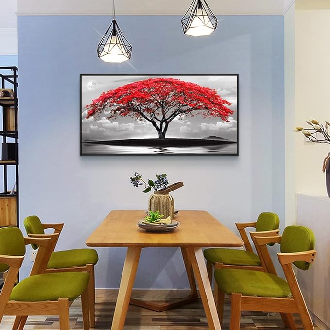 Framed Canvas Wall Art For Living Room Bathroom Wall Decor Black And White Landscape Red Tree Moon Scenery Hang Painting Home Decorations For Office Bedroom Kitchen Works Canvas Prints Pictures-PawvioPets