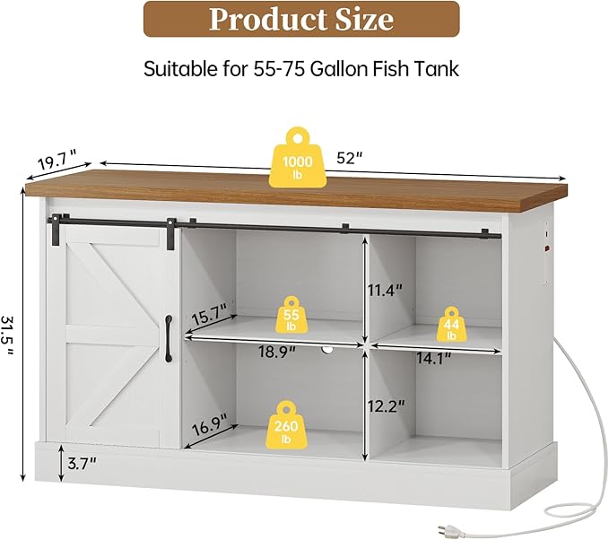 55-75 Gallon Fish Tank Stand with Sliding Barn Doors & Power Outlet, Heavy Duty Aquarium Stand with Cabinet Storage for Fish Tank, Turtle Tank, Reptile Terrarium, 1000LBS Capacity, White-PawvioPets