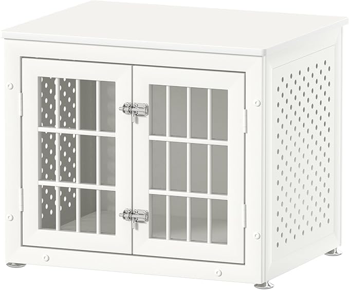 26" Heavy Duty Dog Crate Furniture for Small Dogs, Metal Kennel for High Anxiety Dogs, Chew Proof Pet Cage Indoor, Decorative Dog Kennel End Table, White-PawvioPets
