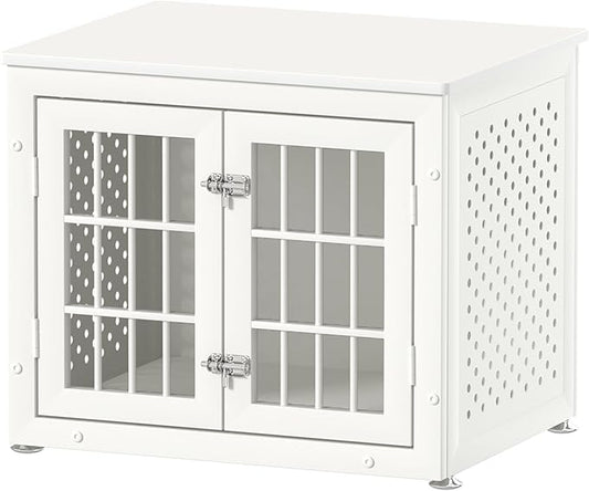 26" Heavy Duty Dog Crate Furniture for Small Dogs, Metal Kennel for High Anxiety Dogs, Chew Proof Pet Cage Indoor, Decorative Dog Kennel End Table, White-PawvioPets