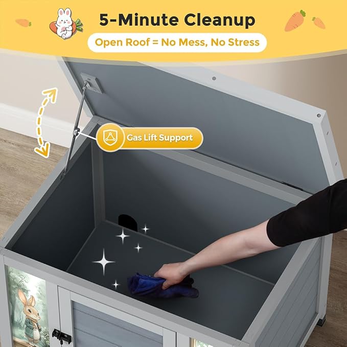 COZIWOW 24in Wooden Cat House Outdoor & Indoor Pet Shelter with Foldable Ramp - Weatherproof Rabbit Hutch with Unique Machine-Printed Art Designs for Cat, Rabbit, Guinea Pig (Grey)-PawvioPets