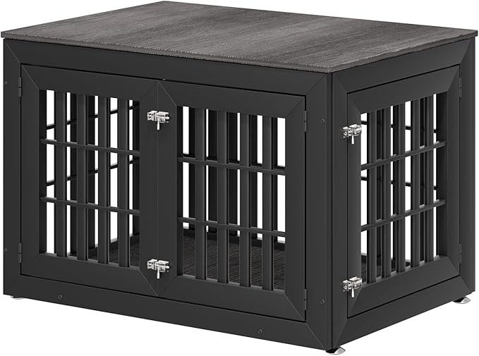 42" Heavy Duty Dog Crate Furniture for Small,Medium and Large Dogs,Rustic Wooden Dog Cage Kennel Indoor Furniture with Waterproof Top,Decorative Pet House Side End Table (Black & Grey)-PawvioPets