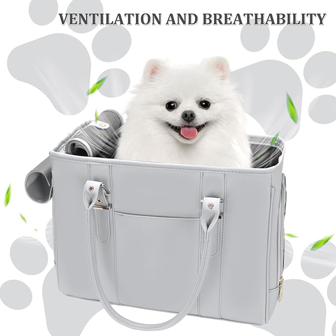 Fashion Pet Carrier Dog Purse Cat Bag Soft-Sided Carriers Travel Airline Approved, Stylish Leather Tote Handbag for Small Animal Puppy Kitten (Grey)-PawvioPets