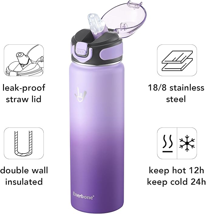 Enerbone 24 oz Insulated Water Bottle, Stainless Steel Bottle with Carrying Strap, Double-Wall Vacuum Insulation Design, Leakproof Sports Bottle with Straw, Keep Drinks Cold or Hot for Hours-PawvioPets