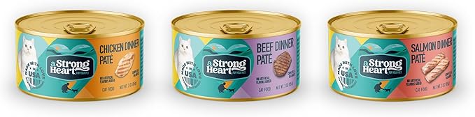 A Strong Heart Canned Wet Cat Food, Chicken, Beef and Salmon Variety Pack - 3 oz Cans (Pack of 24), Made in The USA with Real Chicken, Beef and Salmon-PawvioPets