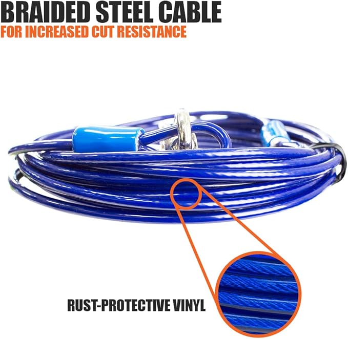 BV Dog Tie Out Cable 25 Feet - Heavy Duty Dog Lead Up to 60 Pounds - Reflective & Rust-Free with Quick Release Swivel Clips & 360° Rotating Clasp - Tangle-Free Dogs Runner for Yard (Blue, Single)-PawvioPets