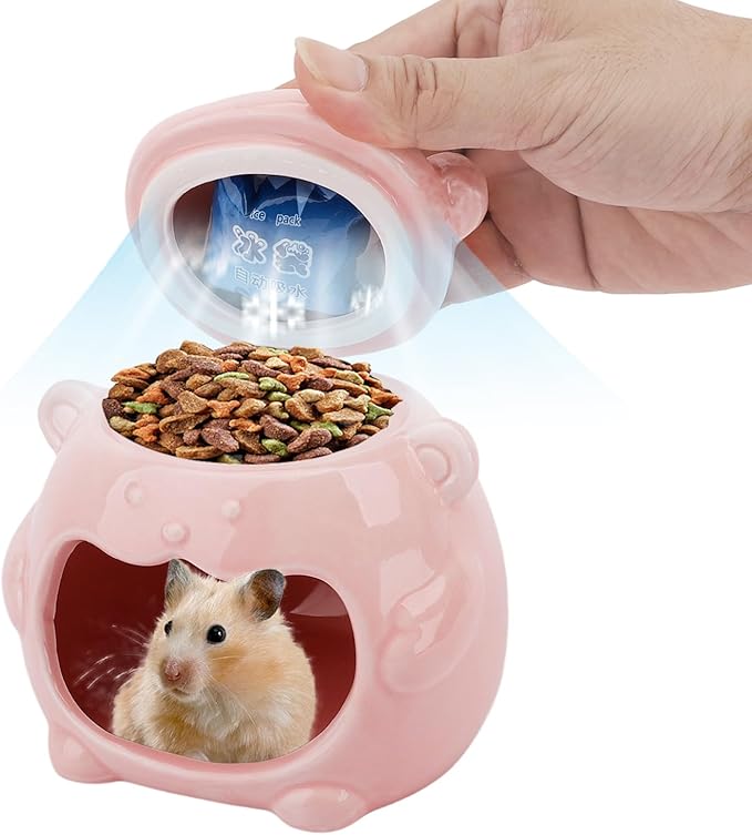 3-in-1 Bear Shaped Ceramic Hamster House - Cool House for Syrian Dwarf Hamsters, Mice, Gerbils， Small Pets, Top for Hamster Food, Removable Lid for Ice Packs, Cute Cool Hideout for Summer（Pink）-PawvioPets