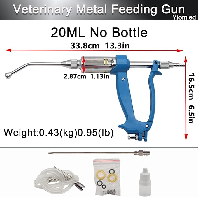 20ML Veterinary Metal Feeding Gun, Continuous Drench Gun Dosing Device Veterinary Adjustable Medicine Dispenser Husbandry Autonomous Feeding Tool, for Pig Cow, Sheep, Horse (Blue, 20ML No Bottle)-PawvioPets