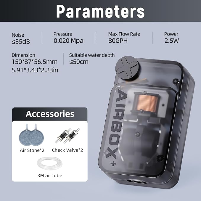 Air Pump Aquarium,Ultra-Silent/Small Size/More Output Aerator for Fish 2.5w/80GPH/18Kpa,with Air Stone Bubbler,Adjustable Airflow,Dual Outlet Suitable for 60-90 Gallon Fish Tank-PawvioPets