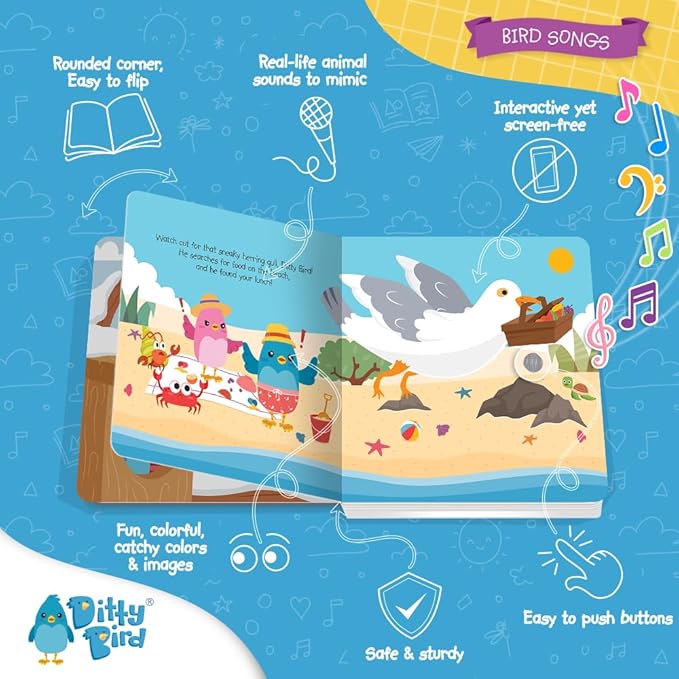 Ditty Bird Animal Sounds Book for Toddlers – Interactive Book Featuring Cuckoo, Blue Tit, Herring Gull, Tawny Owl & Dove Sounds | Musical Board Book for Ages 1-3 | Perfect Educational Gift for Toddler-PawvioPets