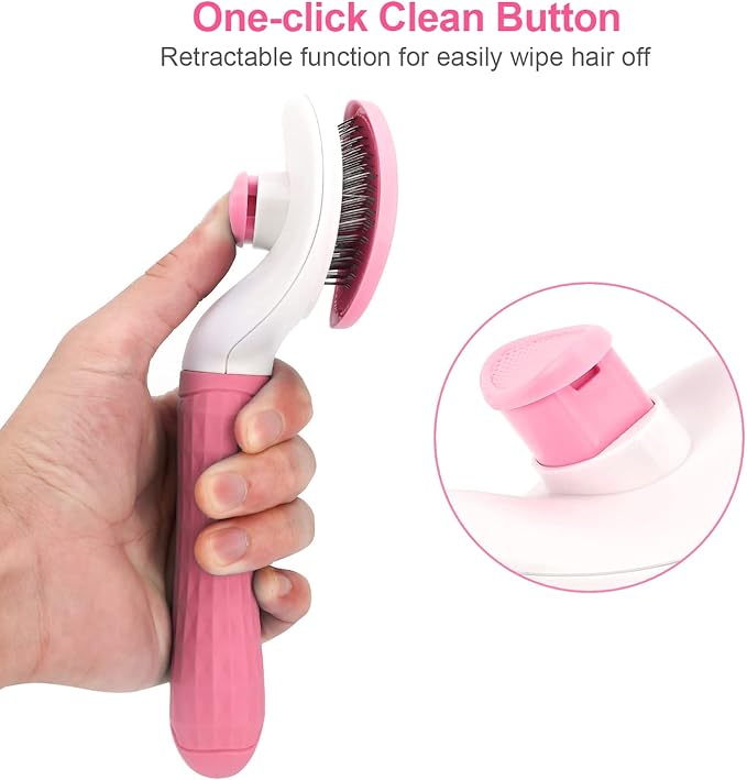 Depets Self Cleaning Slicker Brush, Dog Cat Bunny Pet Grooming Shedding Brush - Easy to Remove Loose Undercoat, Pet Massaging Tool Suitable for Pets with Long or Short Hair Pink-PawvioPets