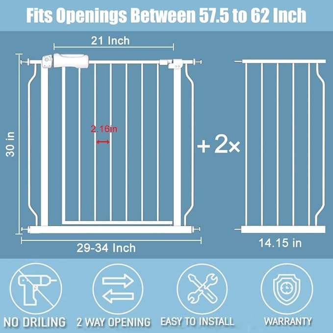 57.5-62 Inch Extra Wide Baby Gates for Stairs Doorways Pressure Mount No Drill Dog Pet Gate Automatic Close Child Safety Gate for Toddler Kids Pets-PawvioPets