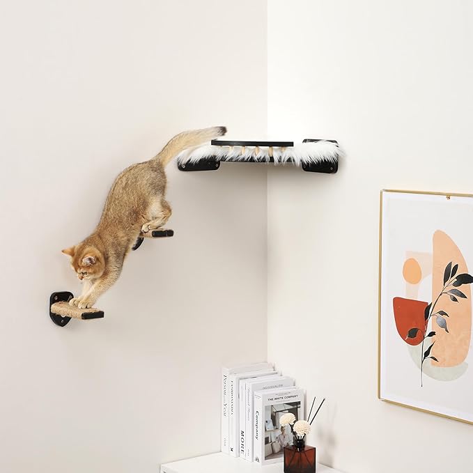 3 Pcs Cat Steps and Perches for Wall, Climbing Shelf With Hemp Rope, Wall-Mounted Furniture Set With Scratching Pads for Playing (Black)-PawvioPets