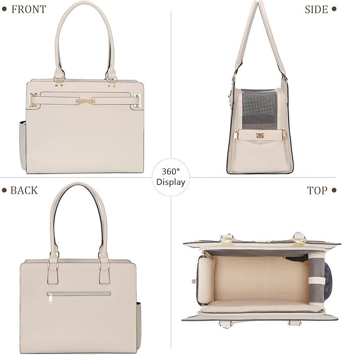 2-in-1 Stylish Dog Purse Carrier Soft-Sided Carriers Travel Tote Bag for Small Dogs Cats, Fashion Foldable Pet Bag for Puppies Small Animals with Pockets (White, 15" L x 7.5" W x 12.2" H)-PawvioPets