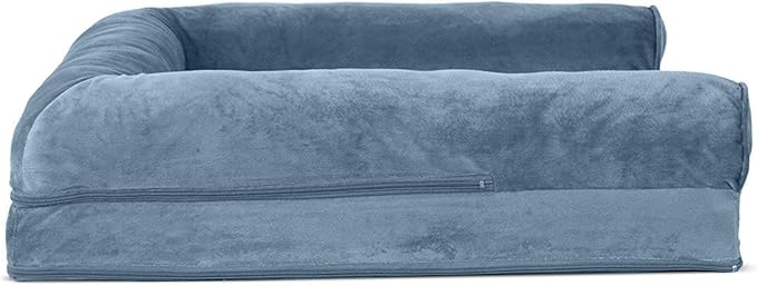 Furhaven Cooling Gel Dog Bed for Large/Medium Dogs w/ Removable Bolsters & Washable Cover, For Dogs Up to 55 lbs - Faux Fur & Velvet Sofa - Harbor Blue, Large-PawvioPets