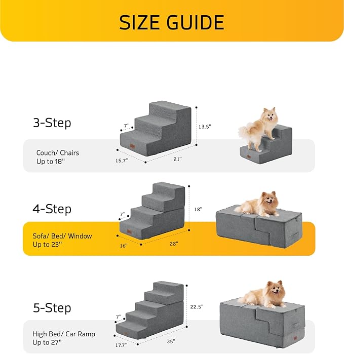 Dog Stairs for High Bed, Dog Steps for Bed Couch Sofa, 35D Foam Extra Wide Pet Steps for Small Dogs and Cats, Pet Stairs with Non-Slip Bottom Grey, 2 Steps-PawvioPets