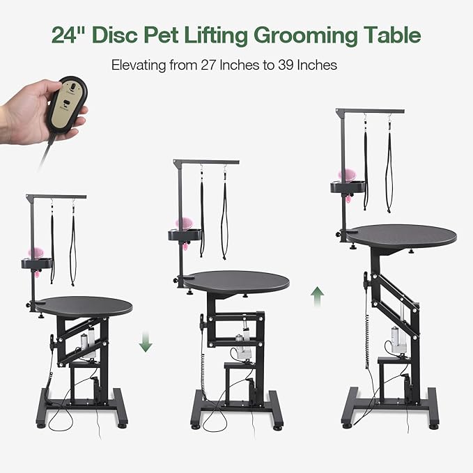 Electric Hydraulic Lift Pet Dog Grooming Table, 24Inch 360° Rotating Grooming Desktop for Small Dogs, with Overhead Arm, Wireless Remote, Tool Organizer, Black-PawvioPets