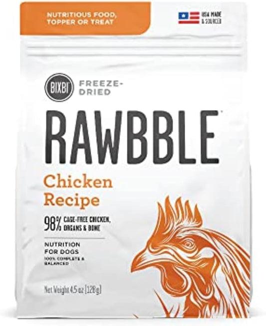 BIXBI Rawbble Freeze Dried Dog Food, Chicken Recipe, 4.5 oz - 98% Meat and Organs, No Fillers - Pantry-Friendly Raw Dog Food for Meal, Treat or Food Topper - USA Made in Small Batches-PawvioPets