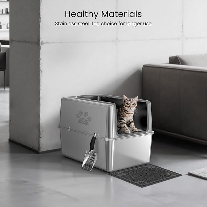 Enclosed Stainless Steel Cat Litter Box with Lid, XL Metal Litter Box for Big Cats, Extra Large Cat Toilet with High Side, Non-Stick, Anti-Leakage, Odorless, with Cats Litter Mat & Litter Scoop-PawvioPets