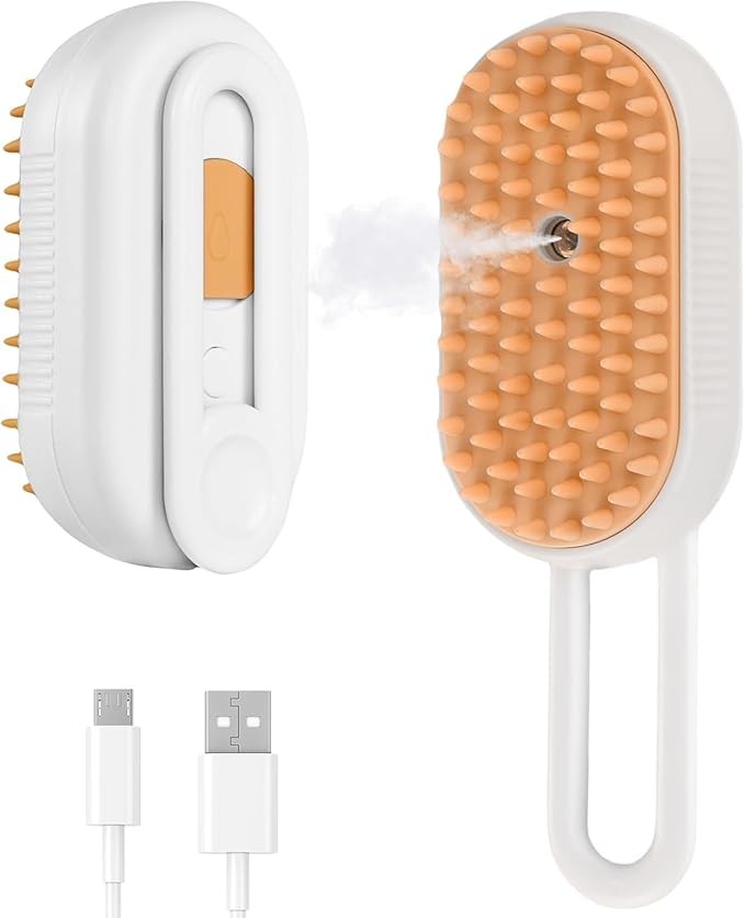 Generic Cat Steam Brush,Rechargeable with Handle,Self-Cleaning Grooming Tool,for Cats and Dogs,4 In1 Cat Steamy Brush, Multifunctional Hair Comb for Removing Tangled and Loose Hair (white)-PawvioPets