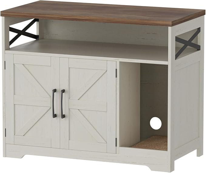 Cat Litter Box Enclosure, Hidden Litter Box Furniture with Scratch Pad, Farmhouse Indoor Cat House Washroom End Table, White-PawvioPets